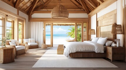 Fototapeta premium Serene Beachfront Bedroom with Natural Wooden Decor and Sunshine
