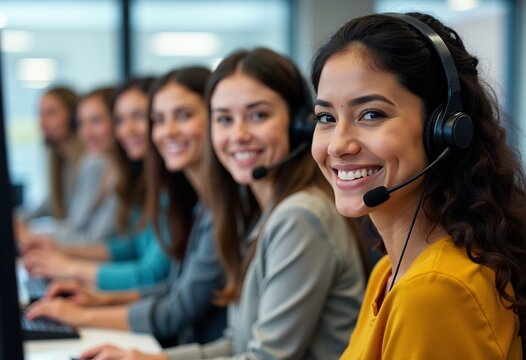 Your Support Team Awaits: Diverse Customer Service Representatives Smiling in a Well-Lit Call Center, Ready to Provide Friendly and Efficient Assistance

