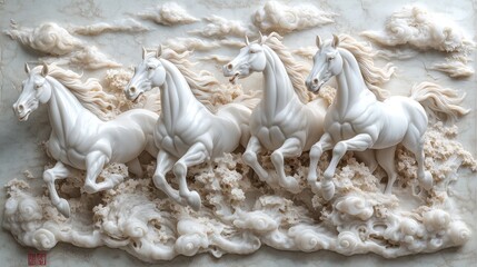 Obraz premium A serene relief sculpture depicting four galloping white horses amidst soft clouds, capturing elegance and motion.