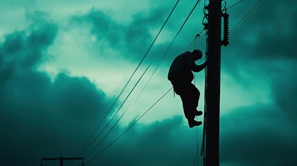 Silhouette: Lineman Climbing Power Pole for Stormy Sky. (1)