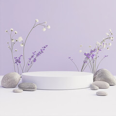 Empty round podium with stones and flowers on background
