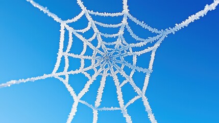 Frosted Spider Web Glowing Against Clear Blue Winter Sky