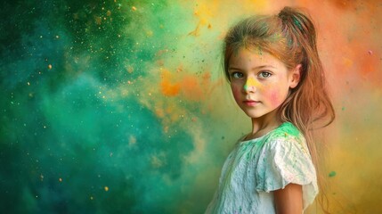 Fototapeta premium Holi Rangpanchmi Portrait of a young girl in a white frock, looking curiously at the colorful powders splashing around her, with a vibrant green-to-orange background of powder bursts