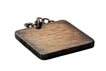 A mock up of a blank wooden square tag on a chain, seen from the side, placed on white or transparent background