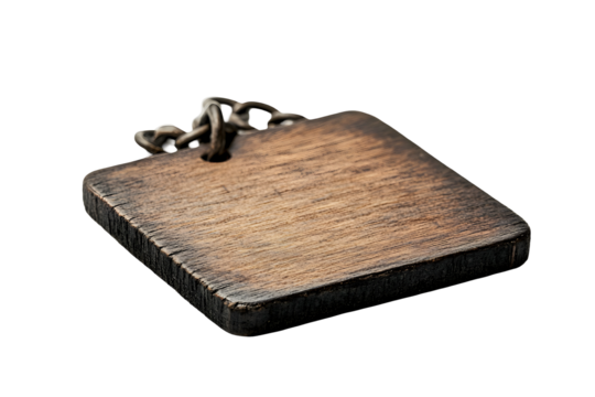 A mock up of a blank wooden square tag on a chain, seen from the side, placed on white or transparent background