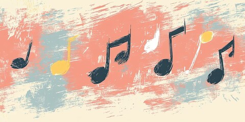 Music notes on a colorful abstract background. Vibrant melody and harmony resonate through this art piece. Musical notes blend with artistic texture. Rhythmic brushstrokes create a graphic