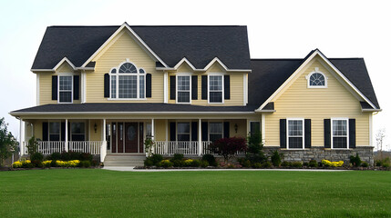 Obraz premium Large Yellow Two Story House with Black Shutters and Green Lawn