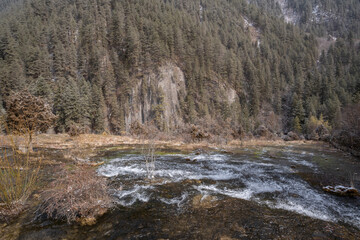 Pearl Shoal Waterfall in winter season, is a waterfall located in Jiuzhaigou, Sichuan Province, China, steam, cascade