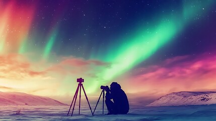 A photographer capturing the aurora borealis in a snowy field, their tripod and camera silhouetted against the vibrant sky