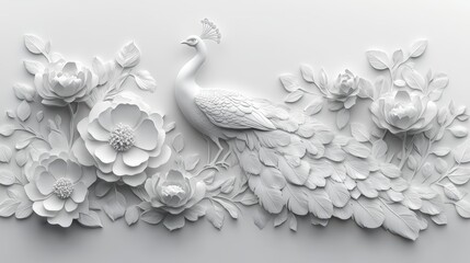 Fototapeta premium A detailed white relief sculpture featuring a peacock surrounded by elegant flowers, showcasing intricate textures and artistic craftsmanship.