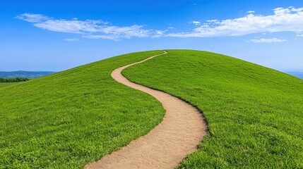 Obraz premium Scenic Pathway Through Lush Green Hill Under Clear Blue Sky