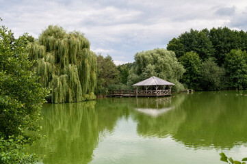 Fototapeta premium A small wooden gazebo on the surface of a lake with green water surrounded by trees.