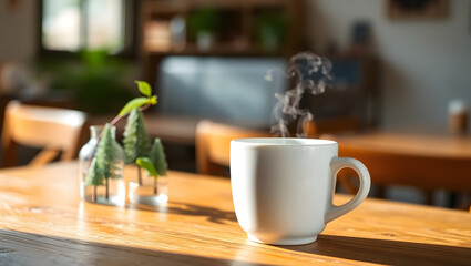 Fototapeta premium a steaming cup of coffee sitting on a wooden table, with a small plant in the background. The scene evokes warmth and comfort, perfect for a relaxing moment