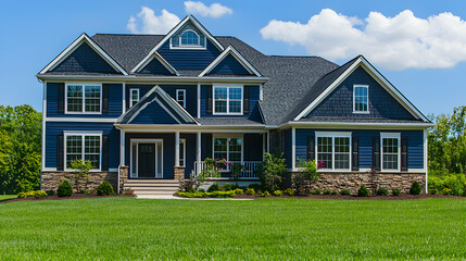 Blue and Gray Two Story House with Stone Accents and Green Lawn