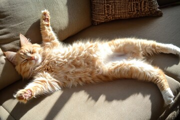 A fluffy ginger cat stretches out, paws in the air, enjoying a sun-drenched nap on a neutral couch, radiating blissful relaxation.