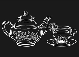 Tea set with healthy green tea, lemon slices, tea leaves. Teapot and cup. Hand drawn
