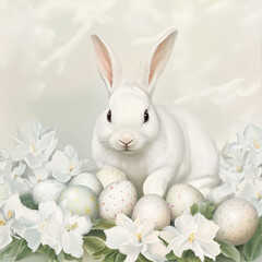 Obraz premium A white Easter bunny with eggs surrounded by white flowers