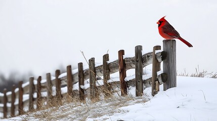 A rustic fence winding along the edge of a snowy hill, with a red cardinal perched on one of the posts