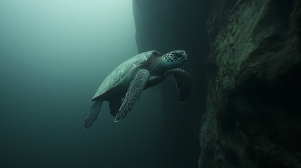 Fototapeta premium Majestic Sea Turtle Gracefully Gliding Through the Ocean Depths Near a Reef