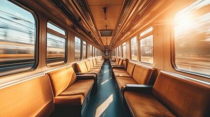Fototapeta premium Empty subway train interior with sunlight streaming through windows in urban setting