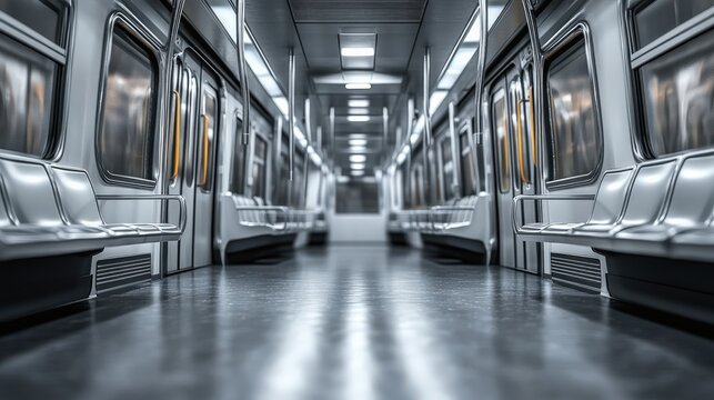 Empty subway train interior with sleek design and modern lighting in urban setting