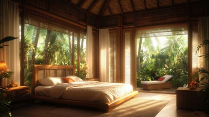 Fototapeta premium Serene Tropical Bedroom with Garden View and Natural Light
