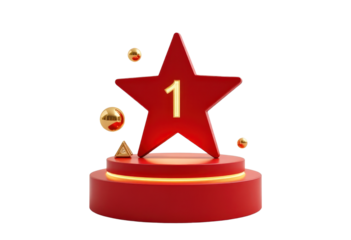 Golden Number One on a Red Star with Spheres and a transparent background