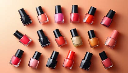 Obraz premium Colorful background featuring various colored nail polishes, ideal for beauty product branding and nail care product promotion