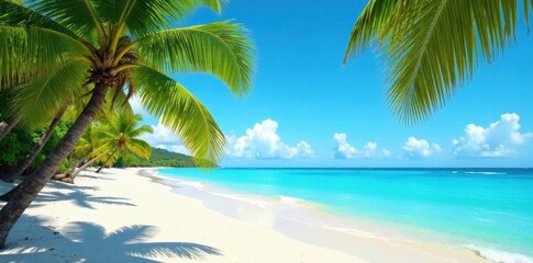 Azure water laps white sand, lush palms sway in warm breeze , greenery, vacation, ocean