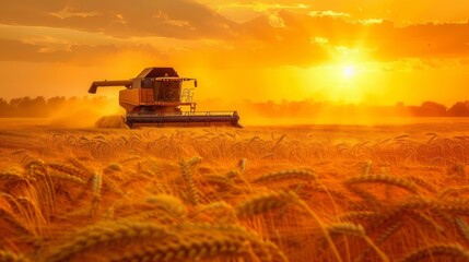 Fototapeta premium Golden sunset over wheat harvesting a scenic summer agricultural landscape with combine harvester