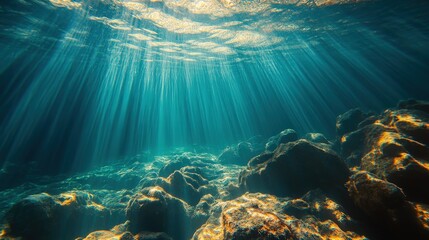 Obraz premium Deep blue-green water shimmers under sunlight, casting luminous reflections across its shimmering surface