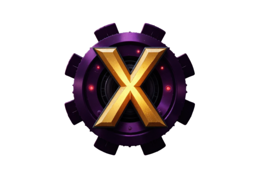 Golden X on Purple Gear with Red Lights, transparent background