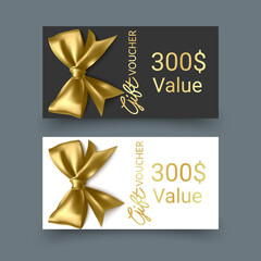 Golden voucher or gift card, gold certificate for discount. Set of isolated template for present coupon with ribbon and bow. Vector illustration