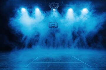 Dramatic Basketball Arena with Fog and Blue Lighting Creates Tension