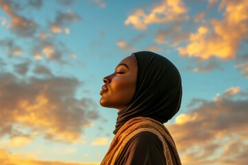 A Black Muslim woman praying, standing on the right side of the frame facing left, looking up at the sky with clouds in the background, in the golden hour light, photorealistic