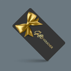 Golden voucher or gift card, gold certificate for discount. Set of isolated template for present coupon with ribbon and bow. Vector illustration