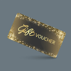 Golden voucher or gift card, gold certificate for discount. Set of isolated template for present coupon. Vector illustration