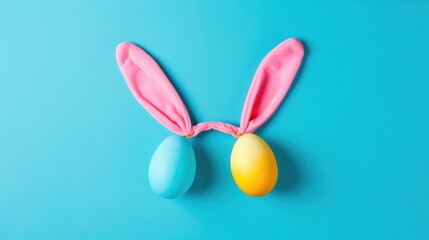 Enchanting Easter Party: A Top - View Snapshot of Bunny Ears and Colorful Eggs on a Pastel Blue Haven with Copyspace