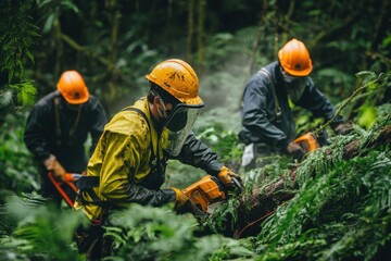 Team of forestry workers in protective gear using chainsaws to cut fallen trees in a dense, tropical rainforest environment