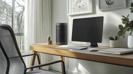 A stylish air purifier on a modern desk, filtering out allergens and pollutants while complementing the aesthetics of a home office, ensuring a healthier work environment