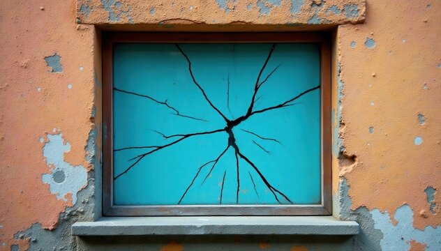 Cracked window pane in weathered concrete wall , stone, shattered - Powered by Adobe