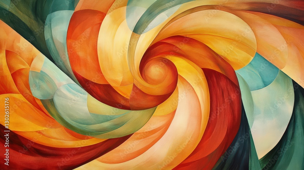 Poster curved shapes and lines that twist and spiral inward, creating a sense of motion and fluidity.