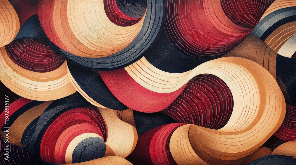 Poster curved shapes and lines that twist and spiral inward, creating a sense of motion and fluidity.