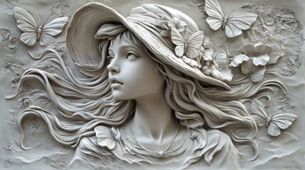 Naklejka premium A serene relief sculpture of a girl with flowing hair, wearing a wide-brimmed hat adorned with butterflies, exuding a sense of tranquility and natural beauty.