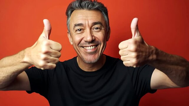 Man is smiling and giving a thumbs up. He is wearing a black shirt and is standing in front of a red background