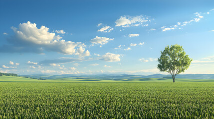 Single Tree in a Vast Green Field Under a Sunny Sky