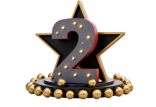 Illuminated Number Two on Star with Golden Spheres and transparent background