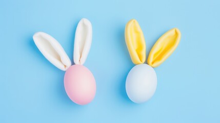 Enchanting Easter Party: A Top - View Snapshot of Bunny Ears and Colorful Eggs on a Pastel Blue Haven with Copyspace