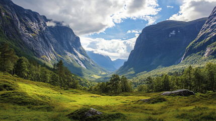 Fototapeta premium The valley’s rich vegetation creates a sense of being immersed in a pristine wilderness.