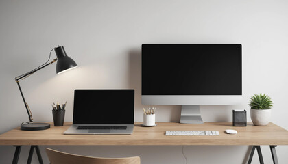Clean minimal design of a modern office workspace with computer monitor and keyboard and a lamp on a wooden desk. 